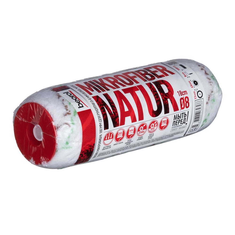 Валик микрофибра 180 мм стержень 8 мм d42 мм ворс 11 мм для водной основы без ручки Beorol Natur