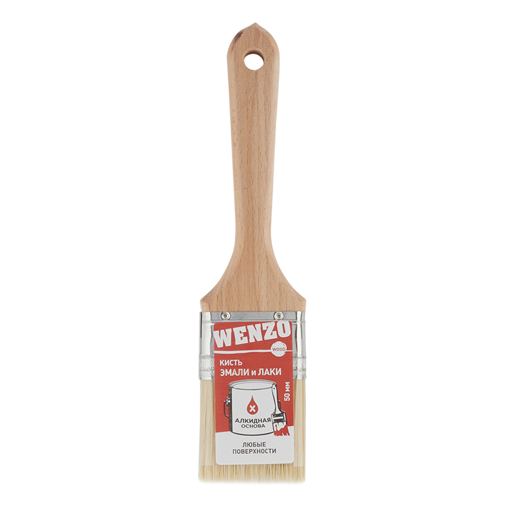 Кисть плоская натуральная щетина деревянная ручка Wenzo Wood 50х14 мм для эмалей и лаков на алкидной основе