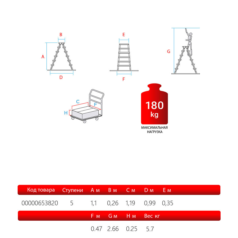 Стремянка алюминиевая 5 ступеней 80 мм двухсторонняя 1,10 м Новая высота