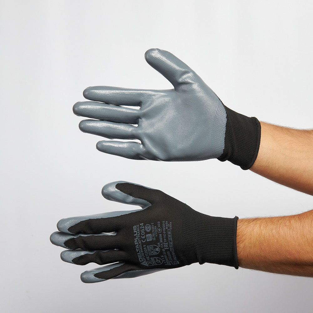 Перчатки полиэстеровые маслобензостойкие с нитриловым обливом Delta Plus черно-серые 9 (L) (VE712GR09/1692)