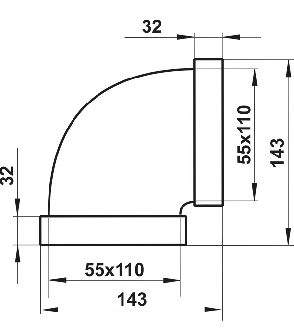 Колено горизонтальное пластиковое для плоских воздуховодов 55х110 мм 90°
