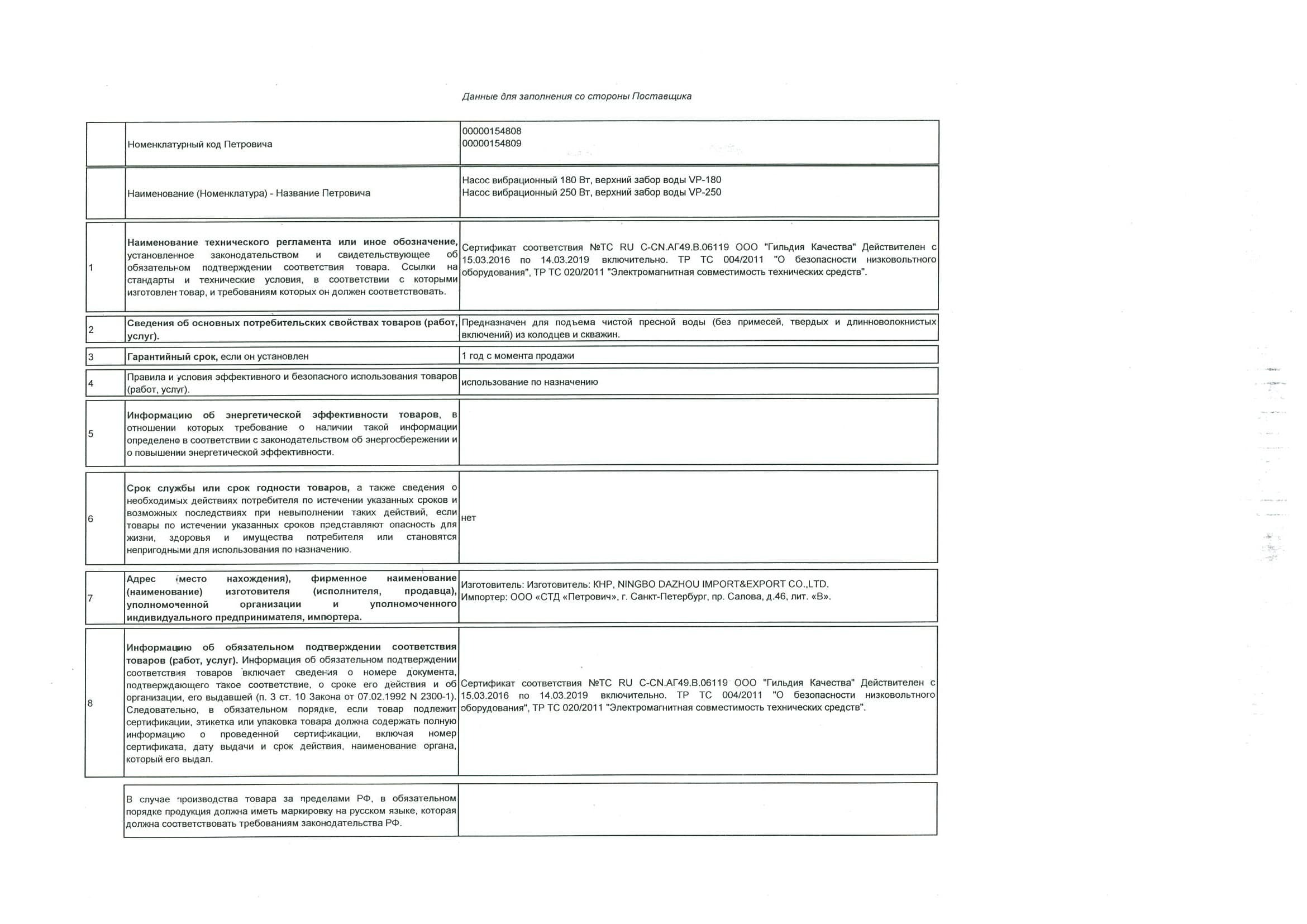 Насос вибрационный колодезный VP-250 для чистой воды 15 л/мин верхний забор