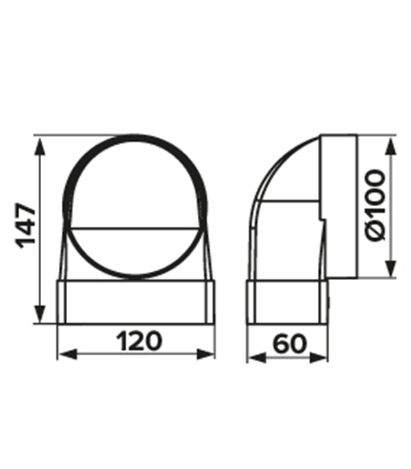 Соединитель угловой пластиковый для плоских воздуховодов 60х120 мм с круглыми d100 мм