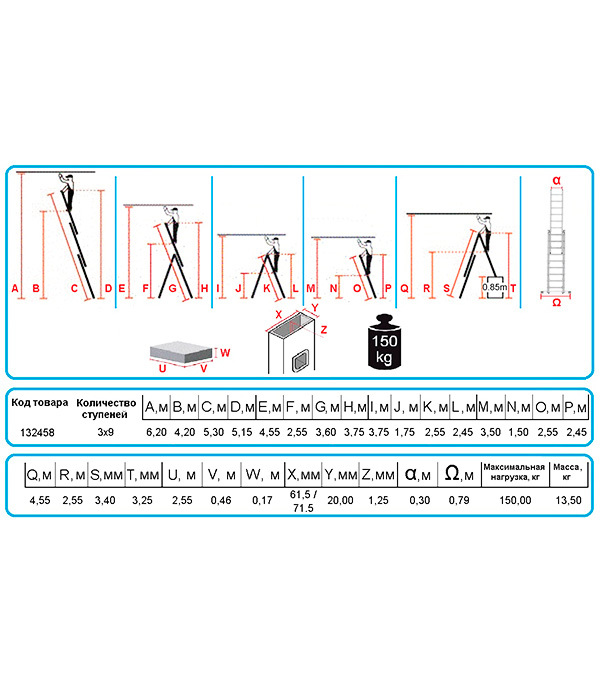 Лестница алюминиевая трансформер трехсекционная 9 ступеней Krause универсальная