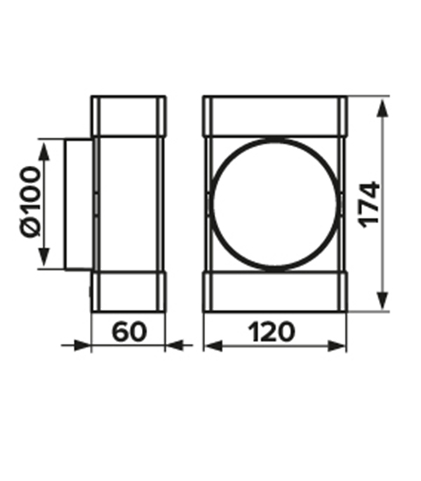 Соединитель Т-образный пластиковый для плоских воздуховодов 60х120 мм с круглыми d100 мм