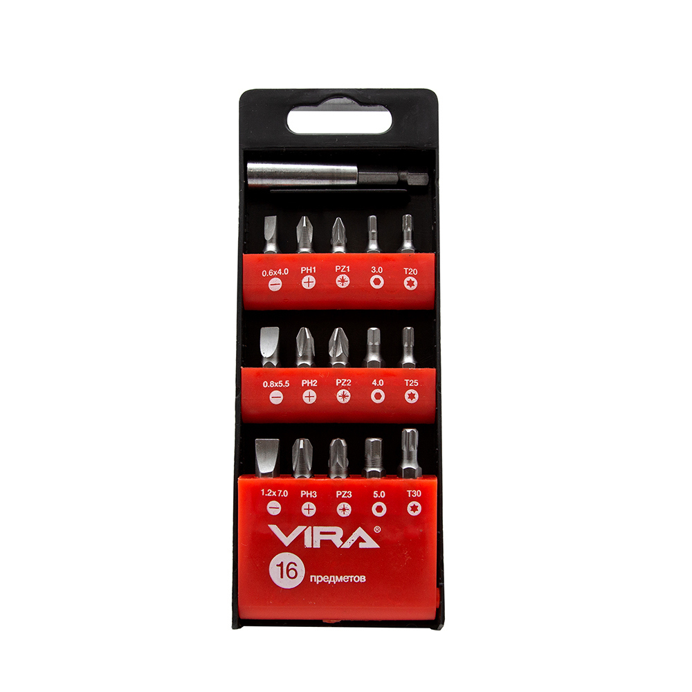 Набор бит Vira (554101) PH/PZ/SL/TORX/HEX 25 мм с магнитным держателем (16 шт.)