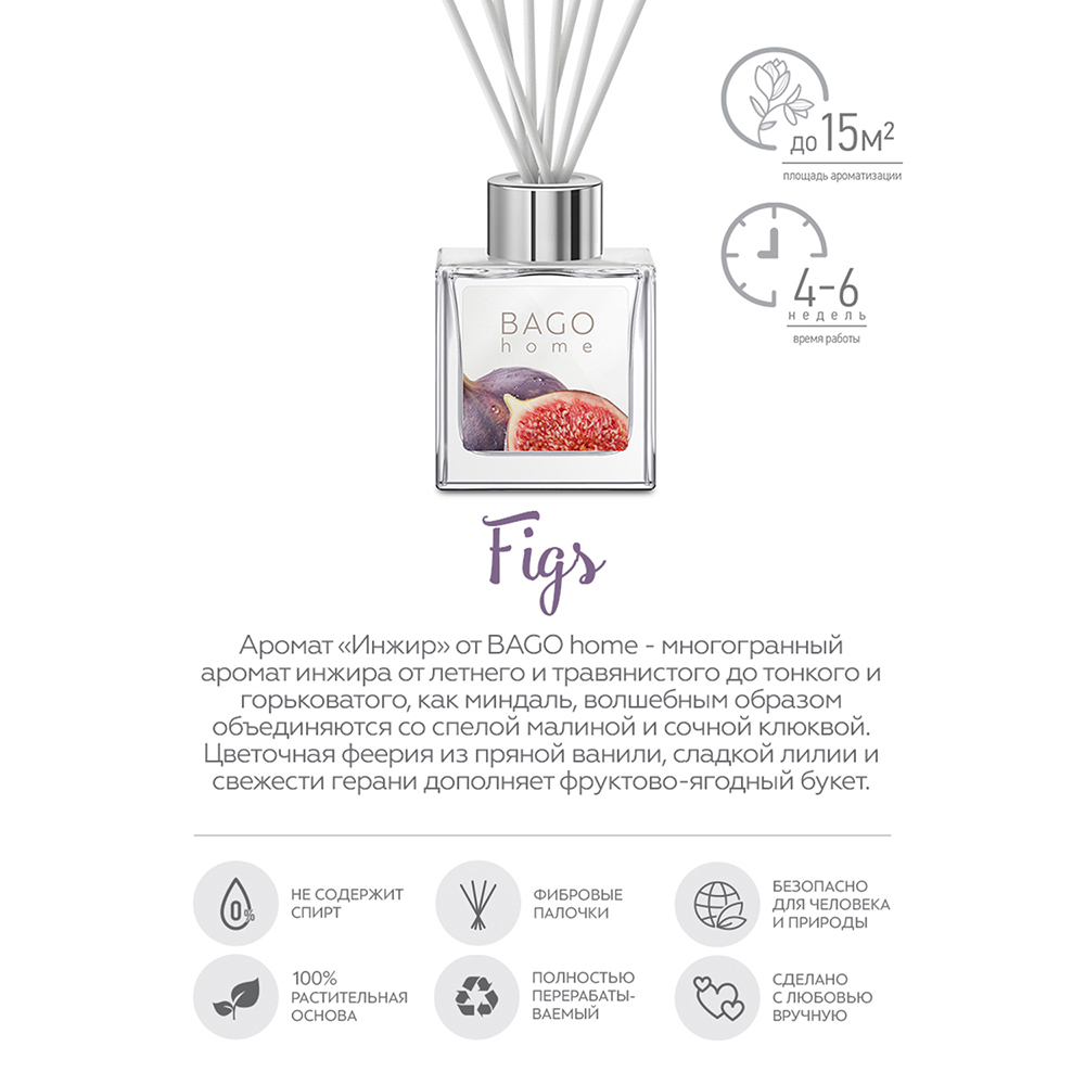 Аромадиффузор с палочками Bago home Инжир 50 мл