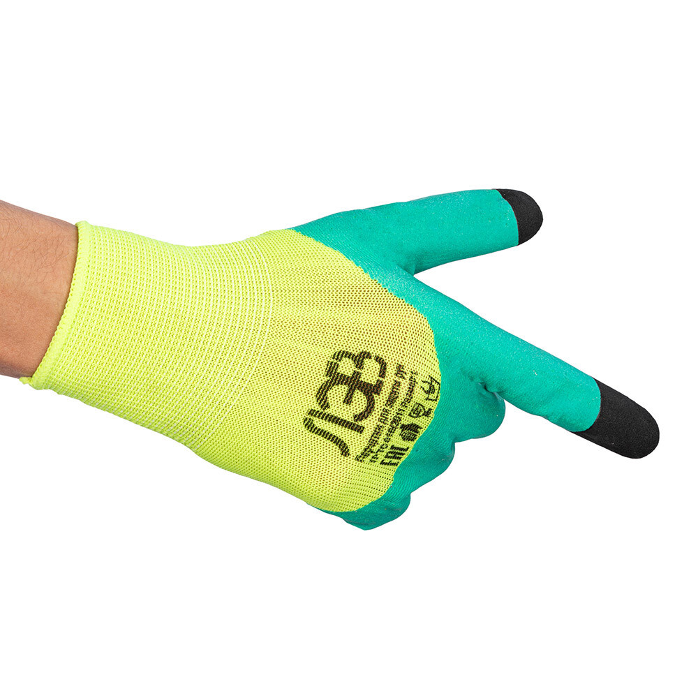 Перчатки полиэстеровые 2 нити с двойным латексным обливом тактильные ЛЭВ черно-зеленые 10 (L)