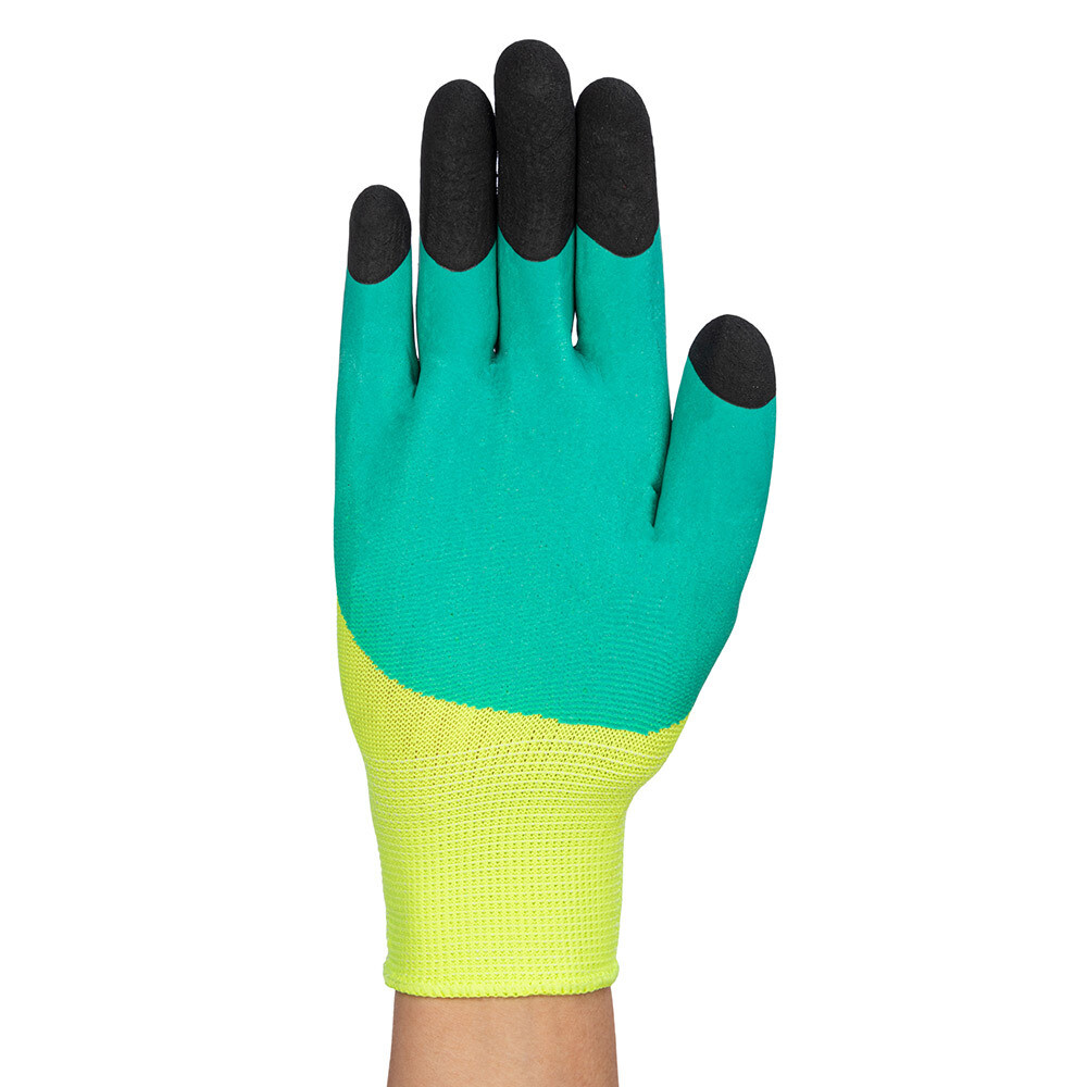 Перчатки полиэстеровые 2 нити с двойным латексным обливом тактильные ЛЭВ черно-зеленые 10 (L)